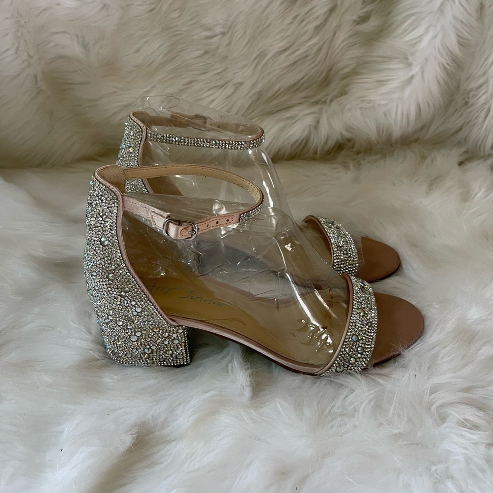 Betsey Johnson Mari  ankle  strap sandals with rhinestones & satin 2”heels SZ9M